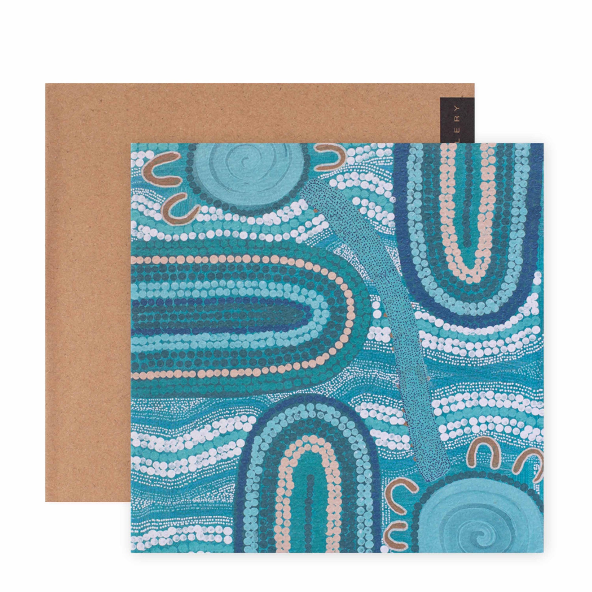 Hallmark x Emma Stenhouse Gallery Blank Greeting Card - Walk To The Waterholes featuring vibrant Aboriginal artwork and kraft envelope, flat lay view.