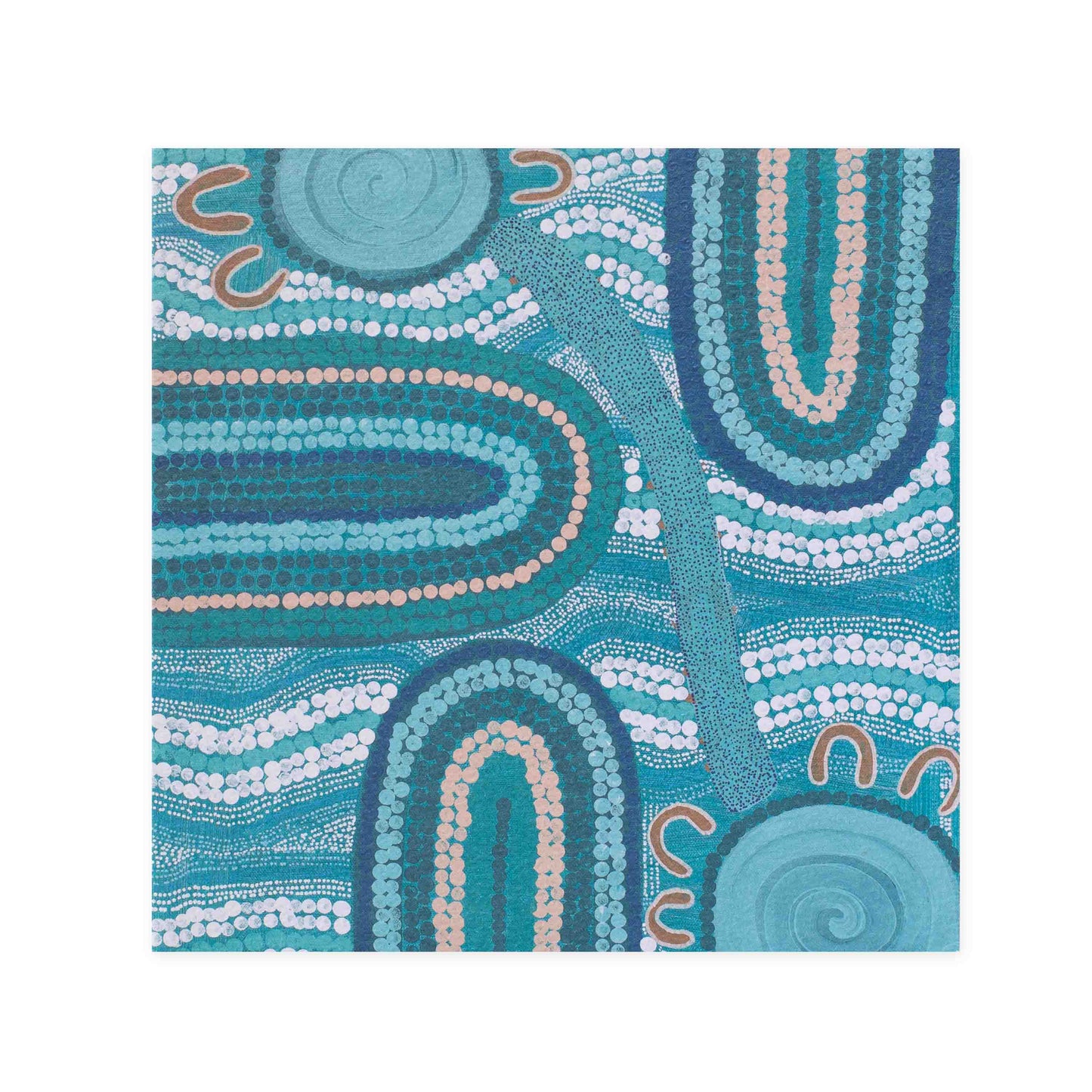 Hallmark x Emma Stenhouse Gallery Blank Greeting Card - Walk To The Waterholes featuring vibrant Indigenous artwork in blues and earthy tones.