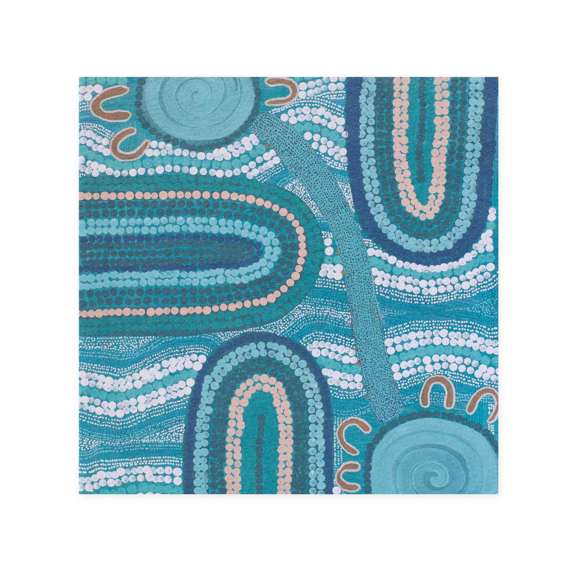 Hallmark x Emma Stenhouse Gallery Blank Greeting Card - Walk To The Waterholes featuring vibrant Indigenous artwork in blues and earthy tones.
