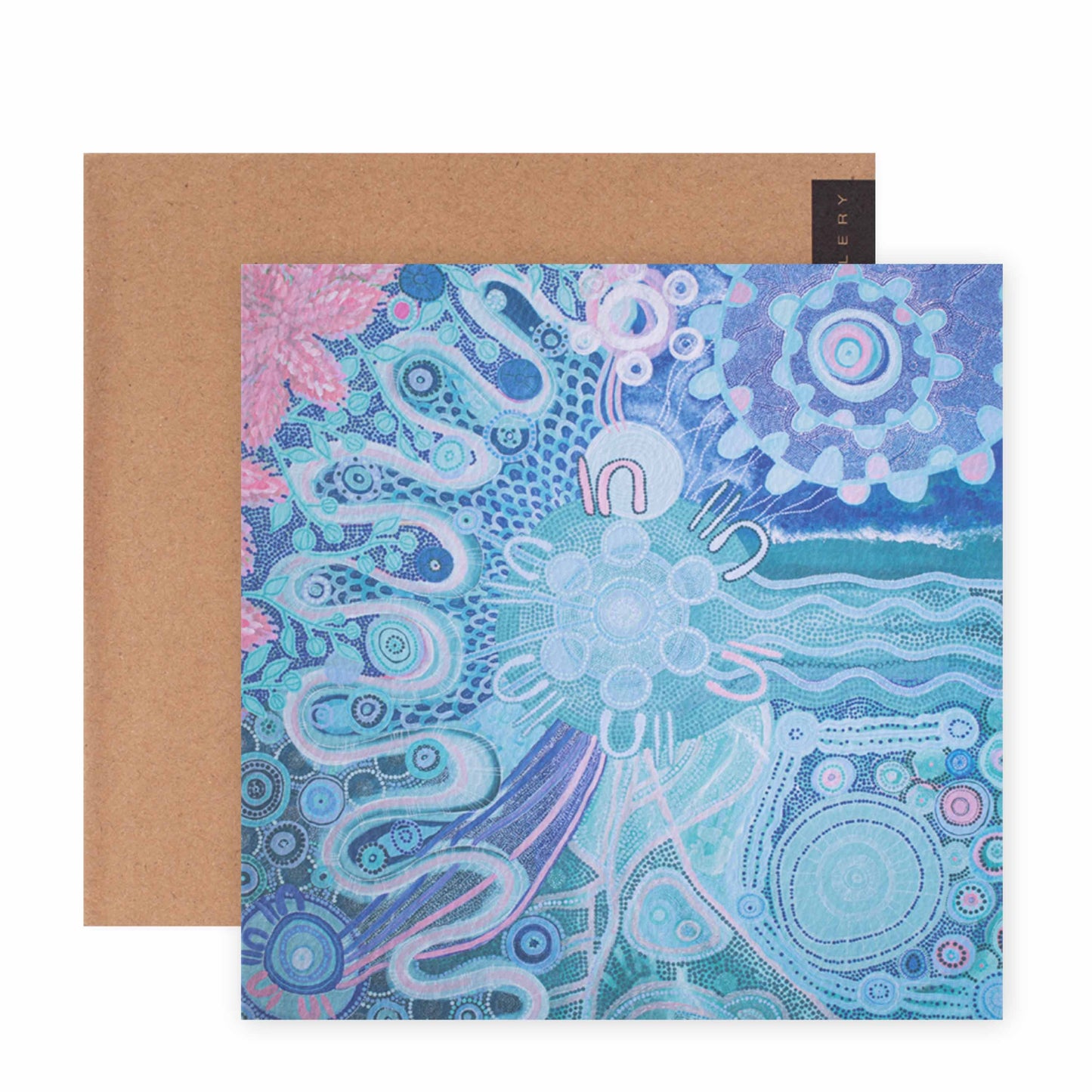 Hallmark x Emma Stenhouse Gallery Blank Greeting Card - Journey Woman with vibrant Indigenous artwork and kraft envelope in background.