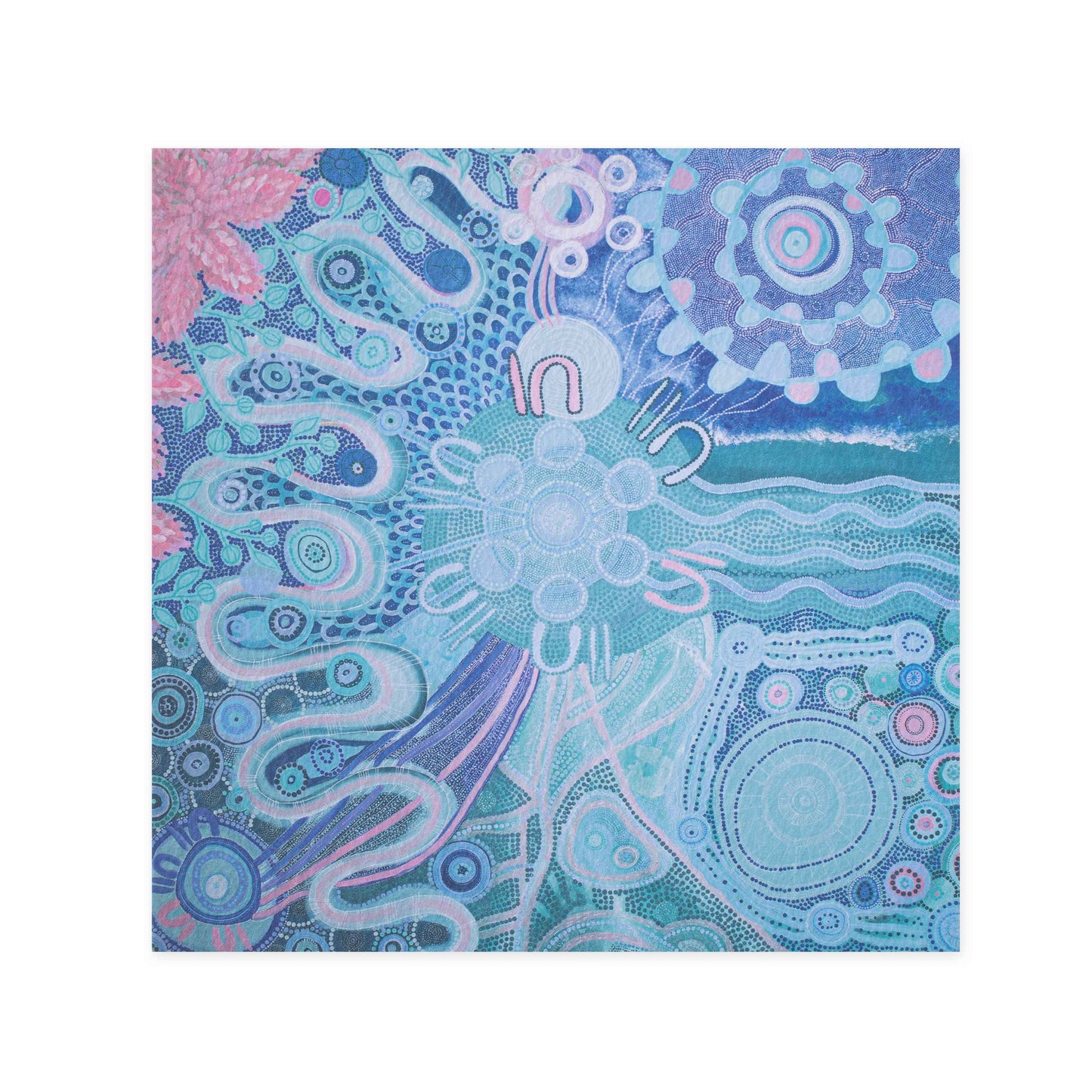 Hallmark x Emma Stenhouse Gallery Blank Greeting Card - Journey Woman featuring vibrant blue and pink Indigenous artwork with circular patterns.