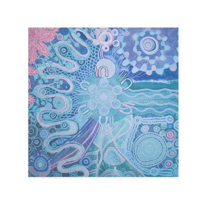 Hallmark x Emma Stenhouse Gallery Blank Greeting Card - Journey Woman featuring vibrant blue and pink Indigenous artwork with circular patterns.