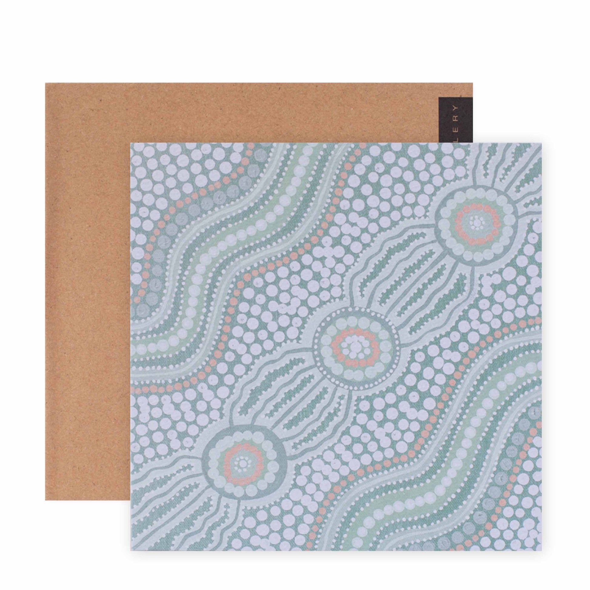 Hallmark x Emma Stenhouse Gallery Blank Greeting Card - Journey featuring intricate dot patterns in pastel colours, flat lay view with kraft envelope.