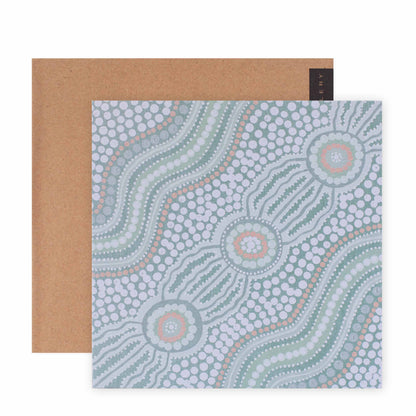 Hallmark x Emma Stenhouse Gallery Blank Greeting Card - Journey featuring intricate dot patterns in pastel colours, flat lay view with kraft envelope.
