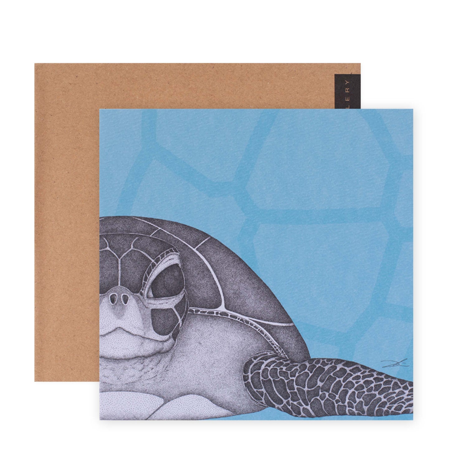 Hallmark x Dots by Donna Gallery Blank Greeting Card - Susan The Sea Turtle features a detailed turtle illustration on a blue background, accompanied by a kraft envelope.