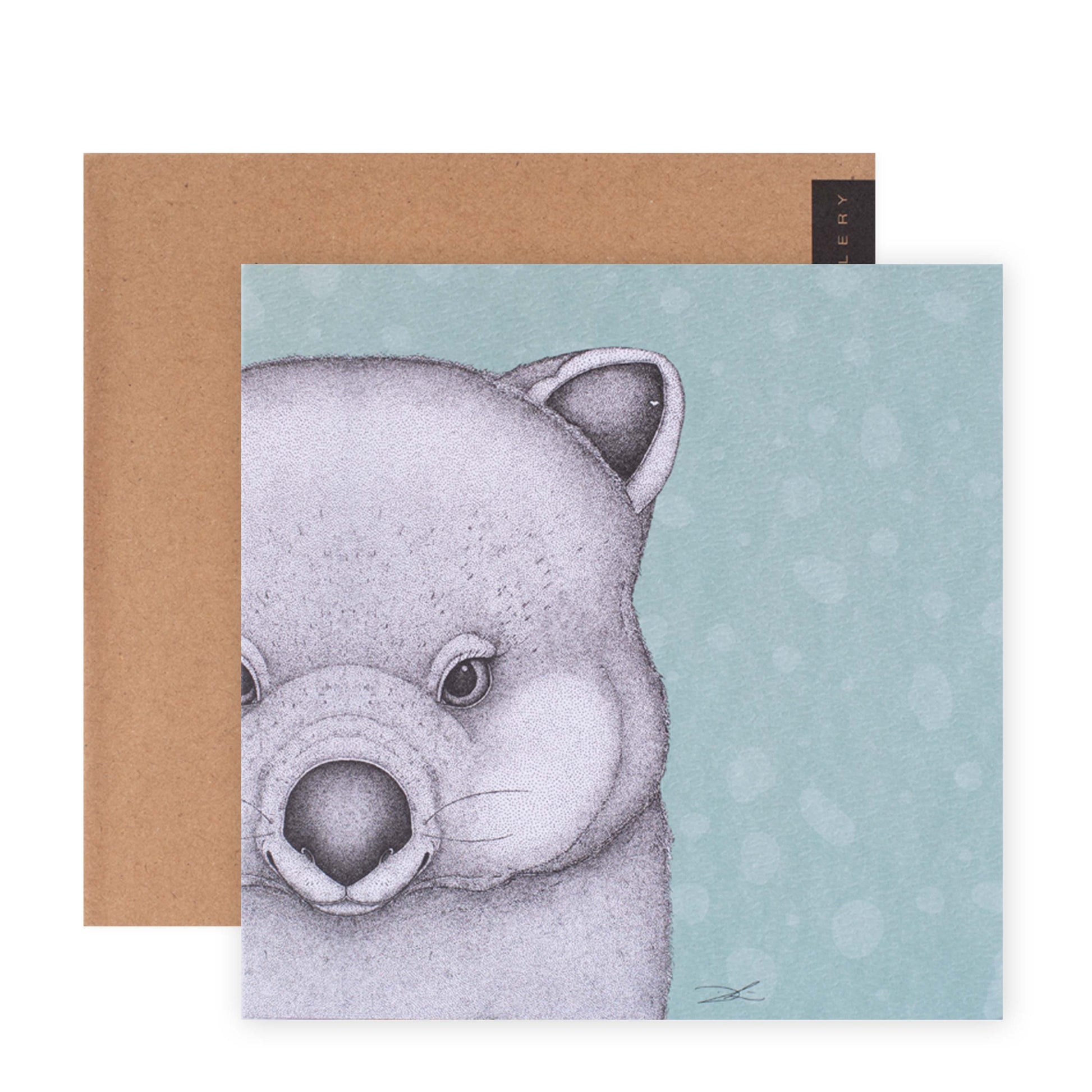 Hallmark x Dots by Donna Gallery Blank Greeting Card - Walter The Wombat featuring a whimsical wombat illustration on a blue background with kraft envelope.