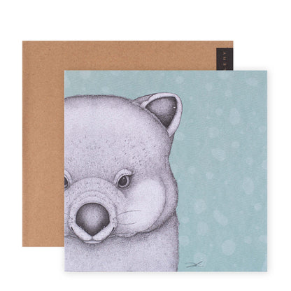 Hallmark x Dots by Donna Gallery Blank Greeting Card - Walter The Wombat featuring a whimsical wombat illustration on a blue background with kraft envelope.