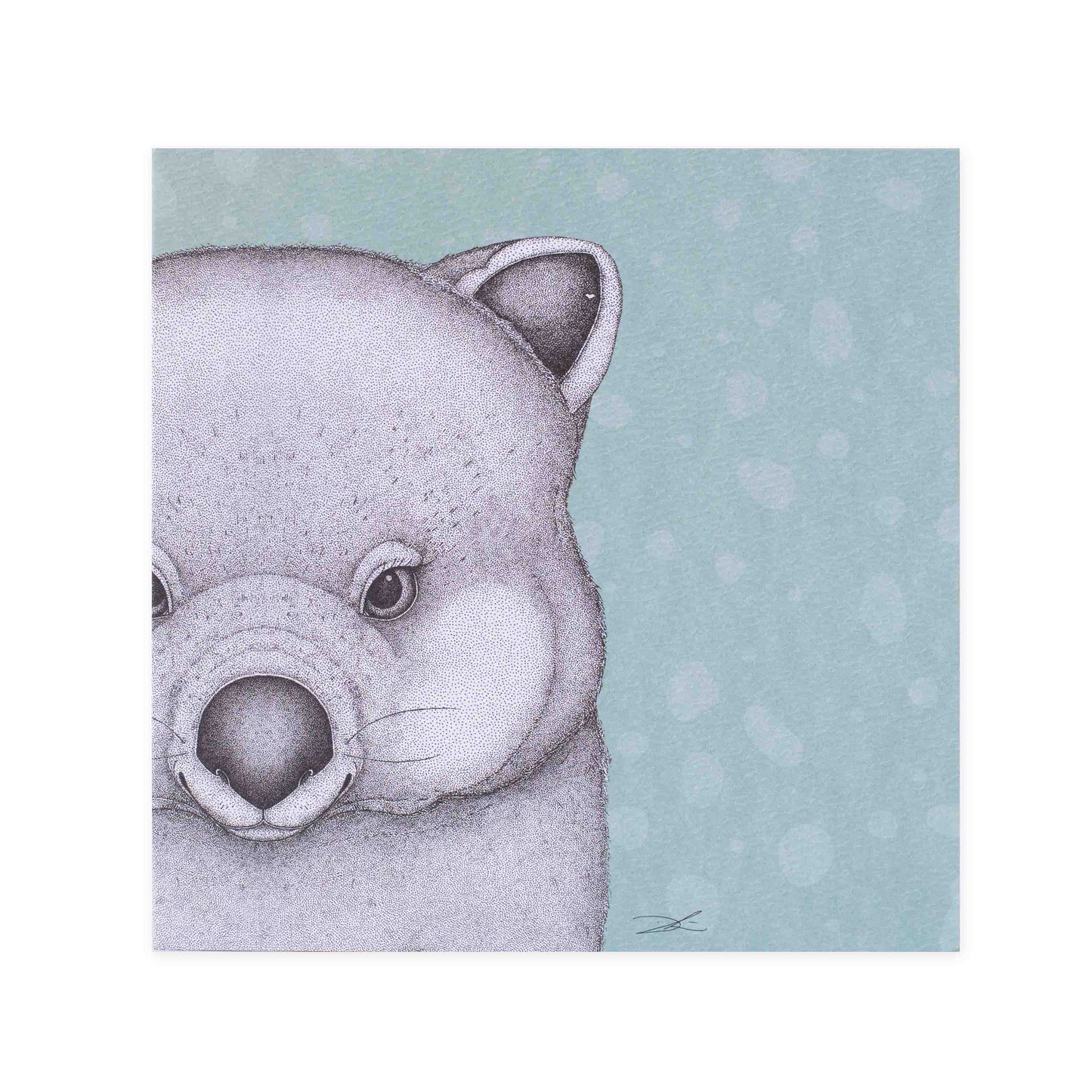 Hallmark x Dots by Donna Gallery Blank Greeting Card - Walter The Wombat featuring a detailed illustration of a wombat's face on a soft blue background.