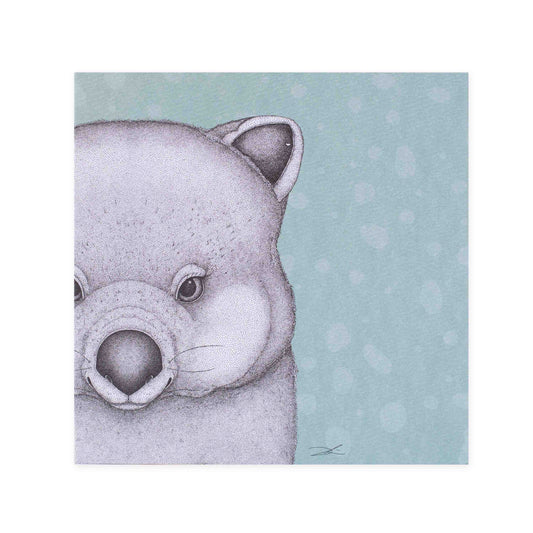 Hallmark x Dots by Donna Gallery Blank Greeting Card - Walter The Wombat featuring a detailed illustration of a wombat's face on a soft blue background.