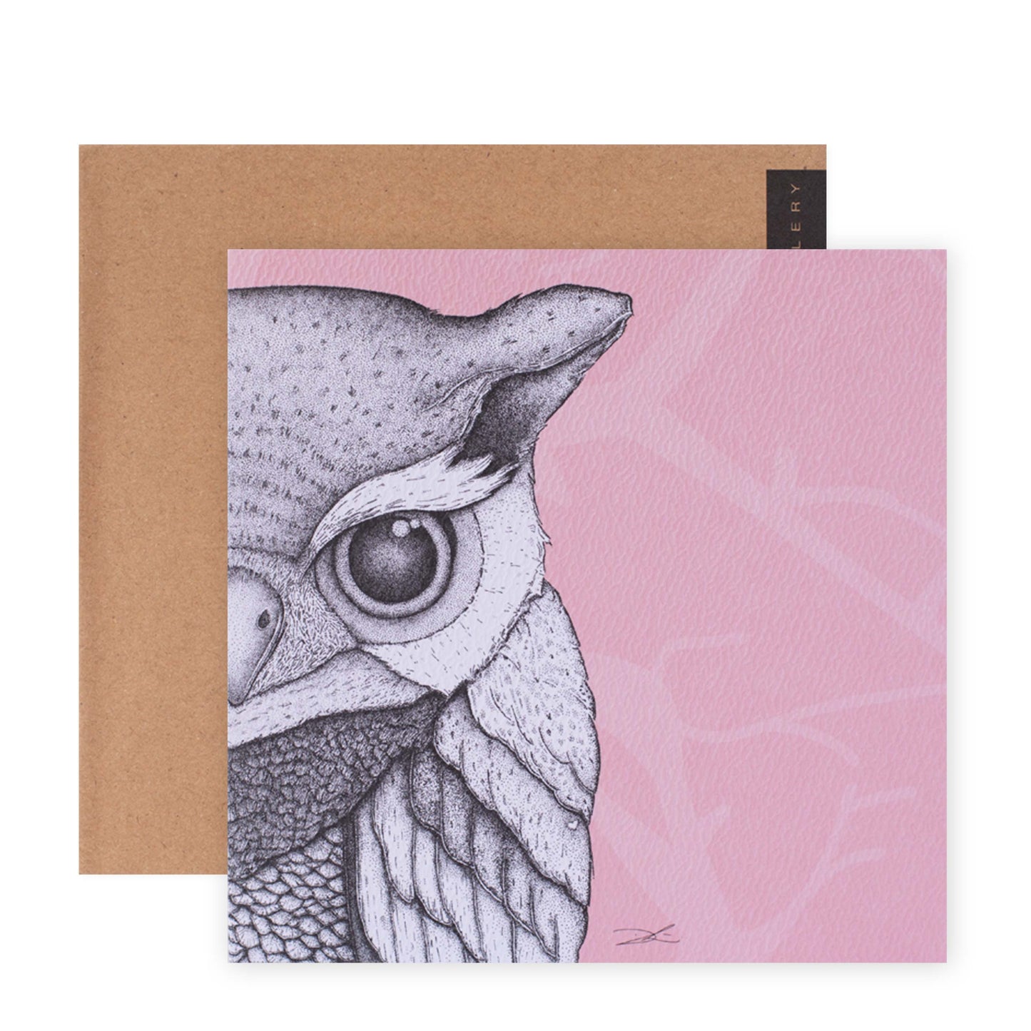 Hallmark x Dots by Donna Gallery Blank Greeting Card - Olivia The Owl, featuring a detailed owl illustration on pink background, flat lay with envelope.