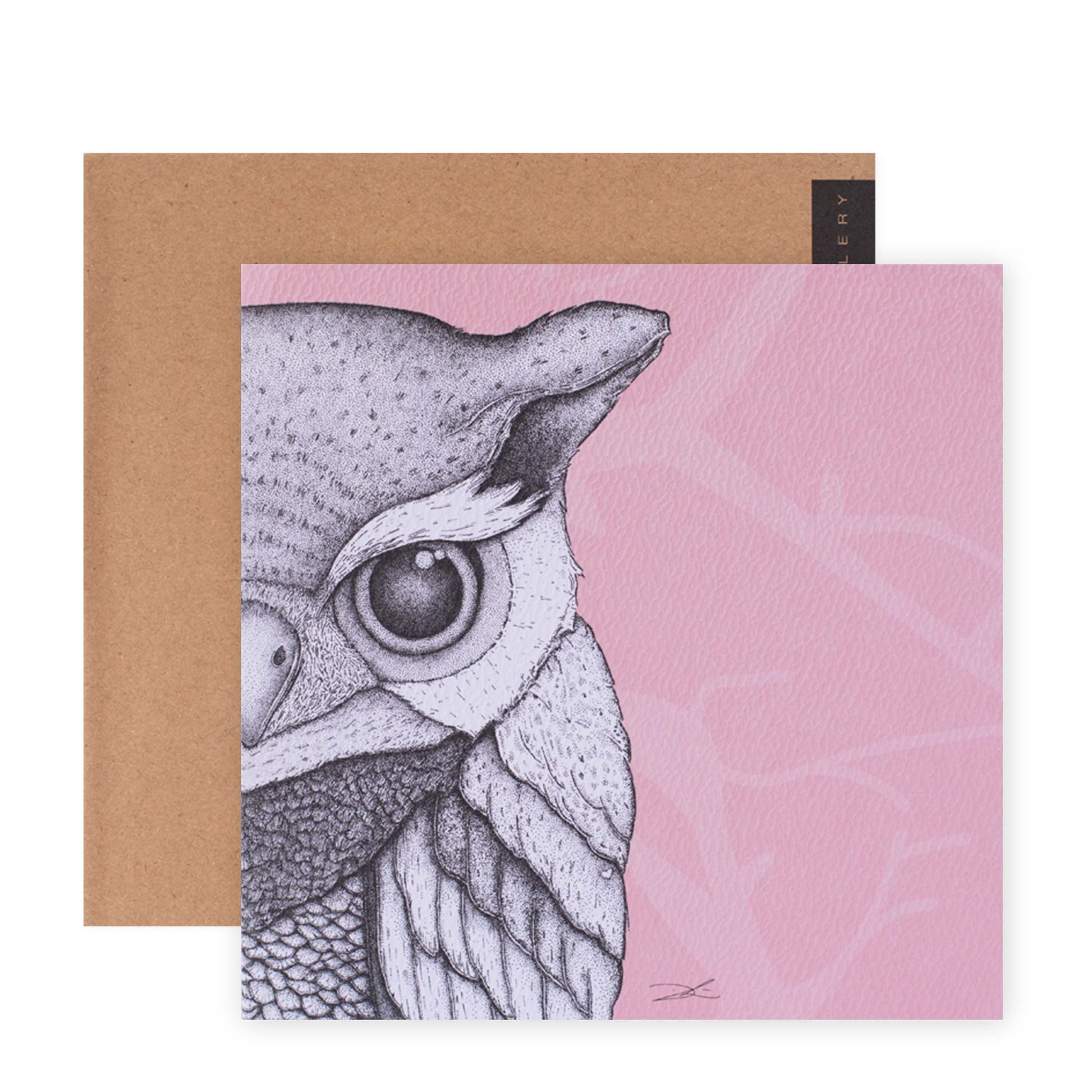 Hallmark x Dots by Donna Gallery Blank Greeting Card - Olivia The Owl, featuring a detailed owl illustration on pink background, flat lay with envelope.