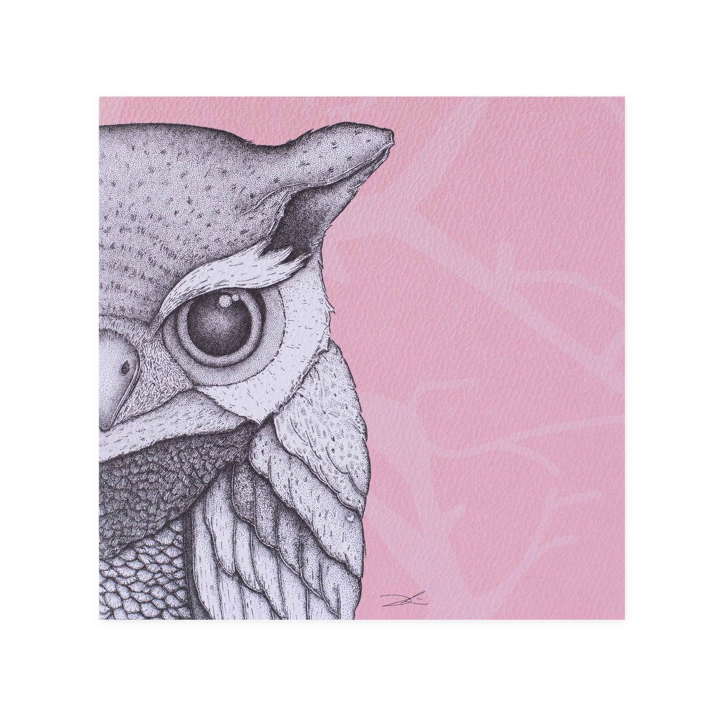 Hallmark x Dots by Donna Gallery Blank Greeting Card - Olivia The Owl, detailed grey owl illustration on pink background, square format