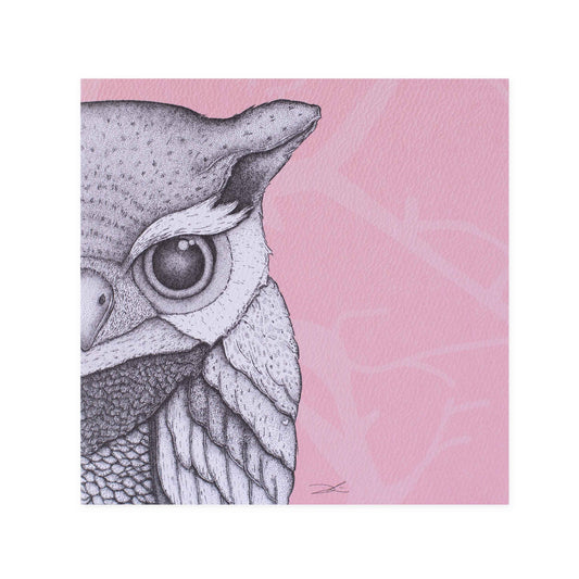 Hallmark x Dots by Donna Gallery Blank Greeting Card - Olivia The Owl, detailed grey owl illustration on pink background, square format