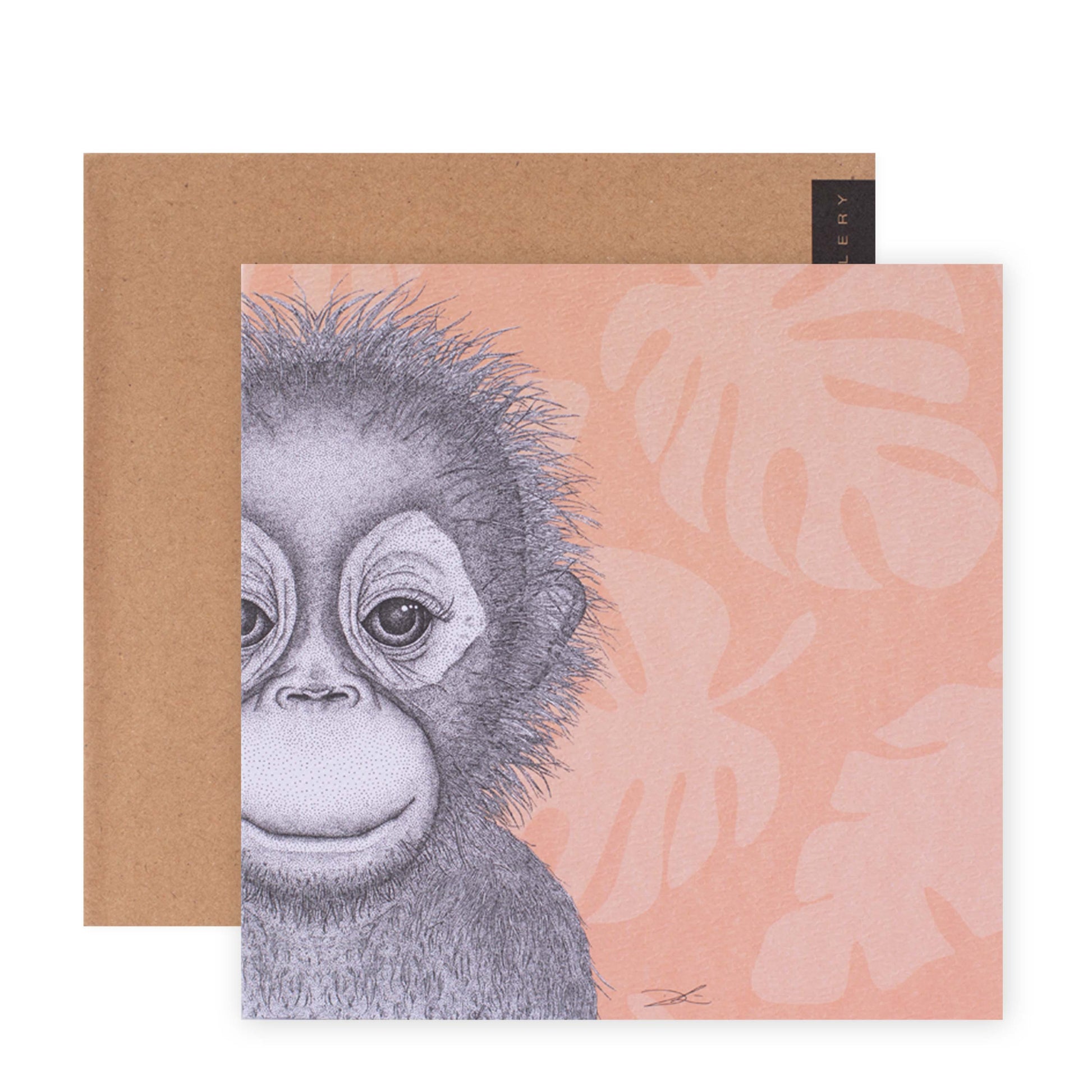 Hallmark x Dots by Donna Gallery Blank Greeting Card - Ollie The Orangutan features a detailed illustration of an orangutan on a peach background with foliage.
