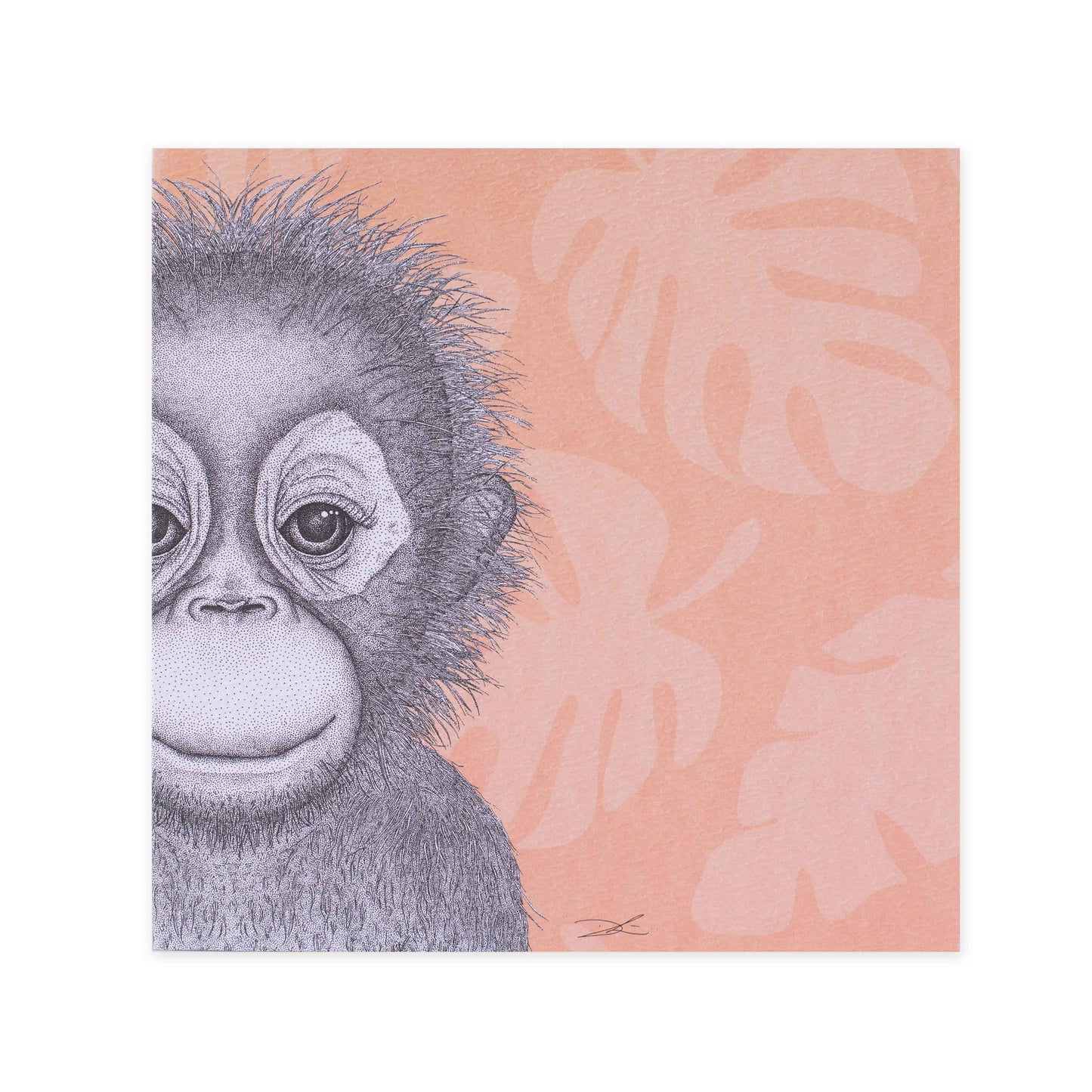 Hallmark x Dots by Donna Gallery Blank Greeting Card - Ollie The Orangutan featuring a detailed illustration of an orangutan on a peach background.