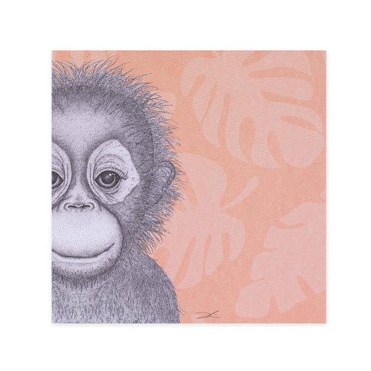 Hallmark x Dots by Donna Gallery Blank Greeting Card - Ollie The Orangutan featuring a detailed illustration of an orangutan on a peach background.