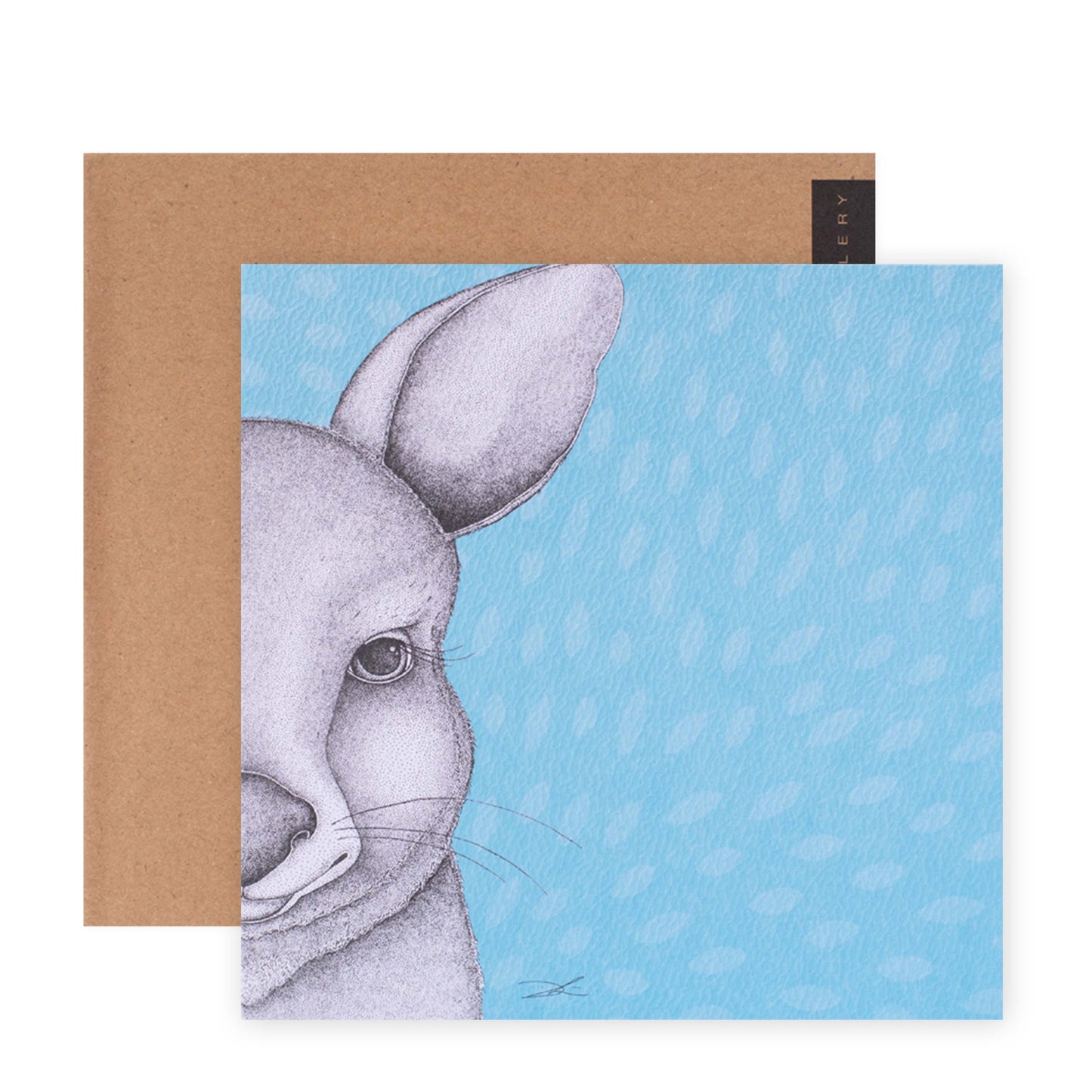 Hallmark x Dots by Donna Gallery Blank Greeting Card - Jasmine The Joey with a blue background and a close-up illustration of a joey's face.