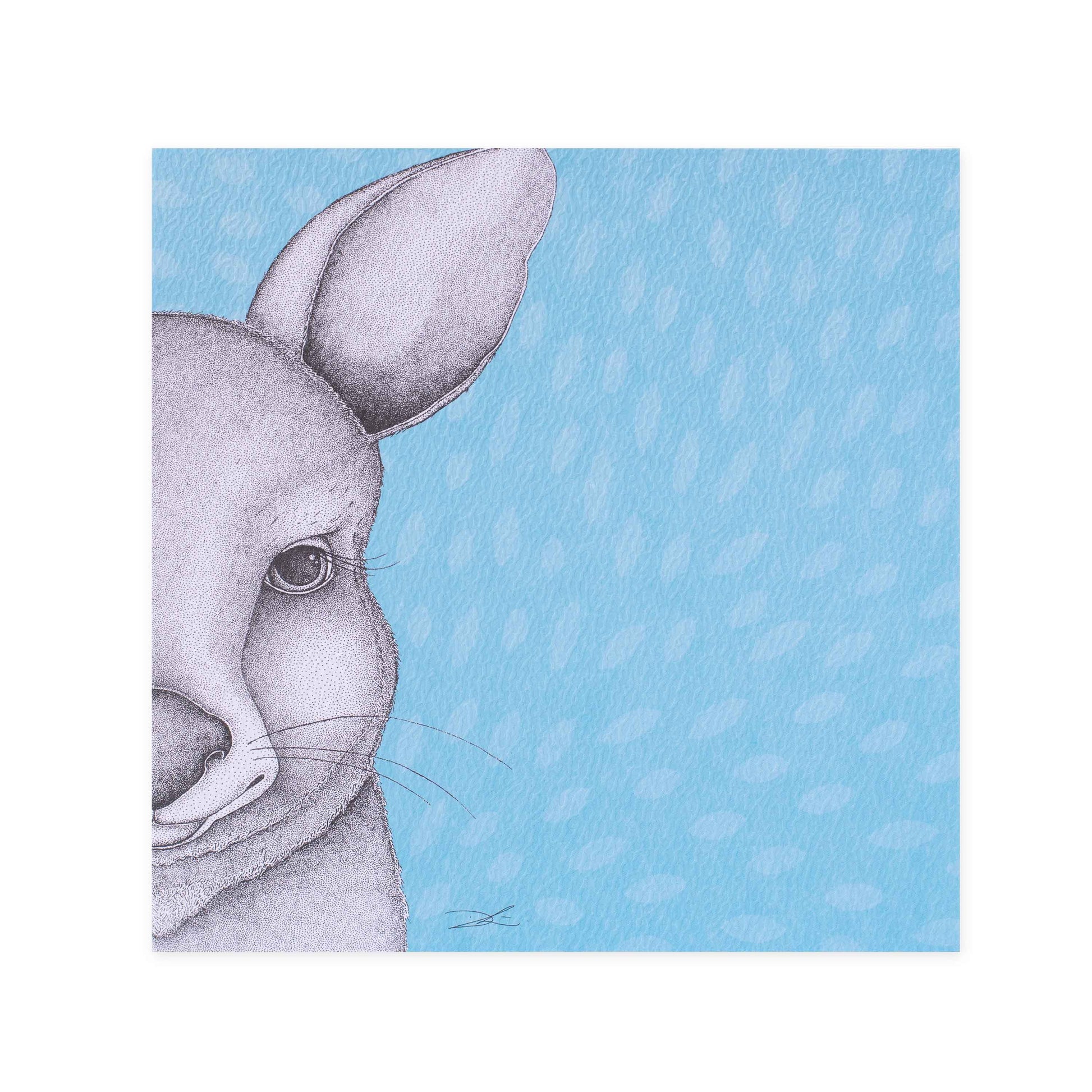 Hallmark x Dots by Donna Gallery Blank Greeting Card - Jasmine The Joey with a close-up illustration of a grey joey on light blue background.