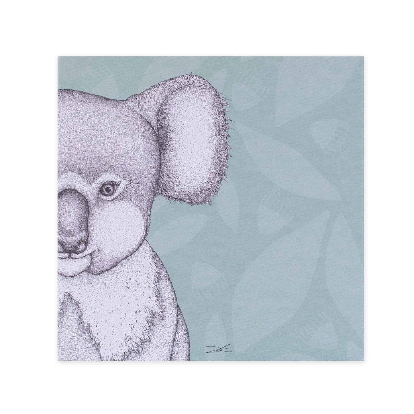 Hallmark x Dots by Donna Gallery Blank Greeting Card - Kerry The Koala featuring detailed koala illustration against a soft blue background.