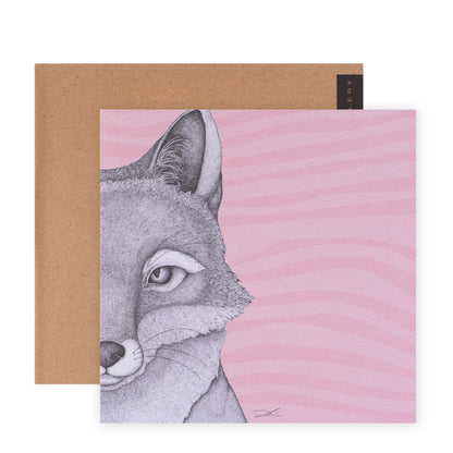 Hallmark x Dots by Donna Gallery Blank Greeting Card - Franklin The Fox featuring a detailed fox illustration on pink background and kraft envelope.