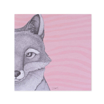 Hallmark x Dots by Donna Gallery Blank Greeting Card - Franklin The Fox features a close-up illustration of a grey fox against a soft pink background.