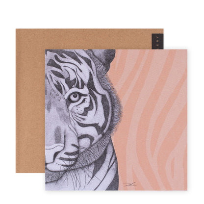 Hallmark x Dots by Donna Gallery Blank Greeting Card - Timothy The Tiger featuring a detailed tiger illustration against a peach background.
