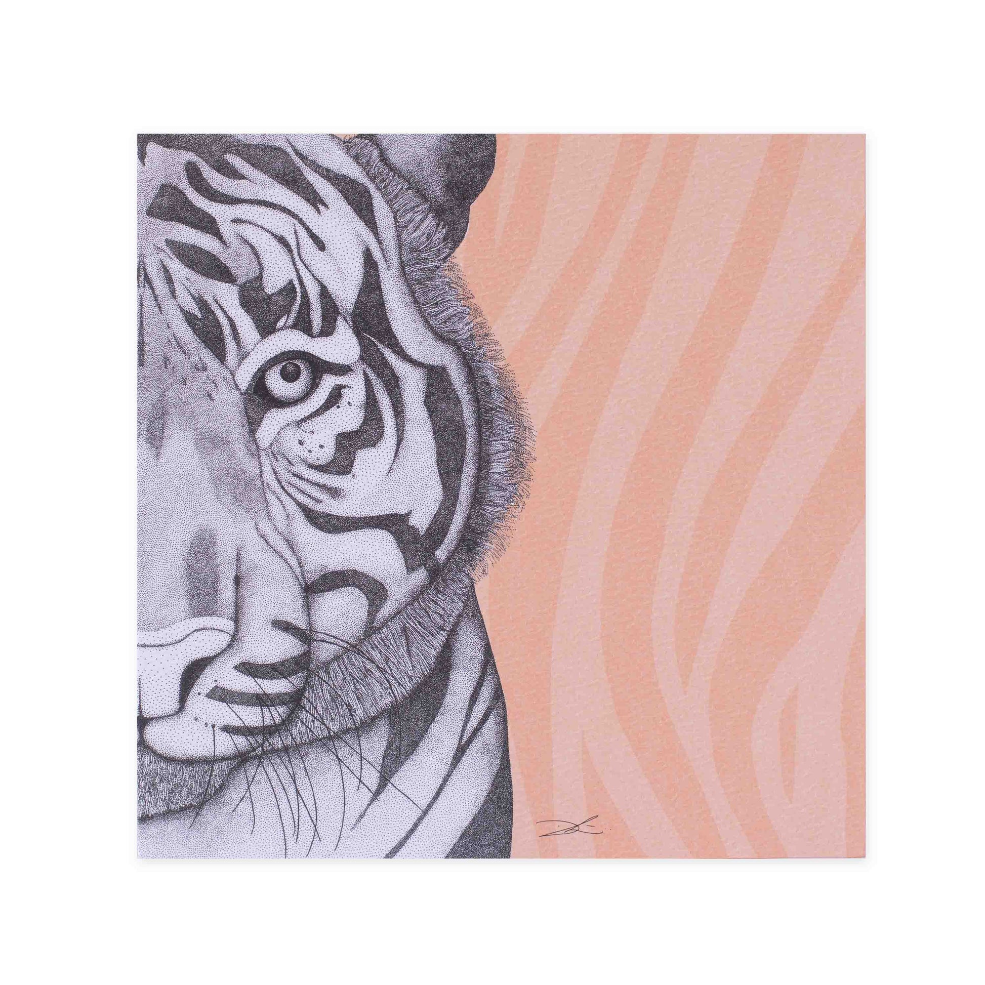 Hallmark x Dots by Donna Gallery Blank Greeting Card - Timothy The Tiger featuring detailed tiger illustration against peach background.