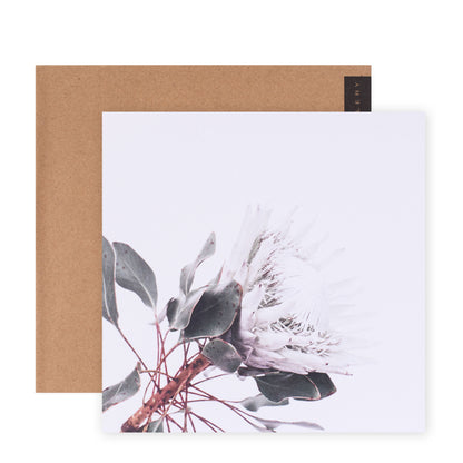 Hallmark x Donna Delaney Gallery Blank Greeting Card - White King featuring a floral photograph and kraft envelope, flat lay view.