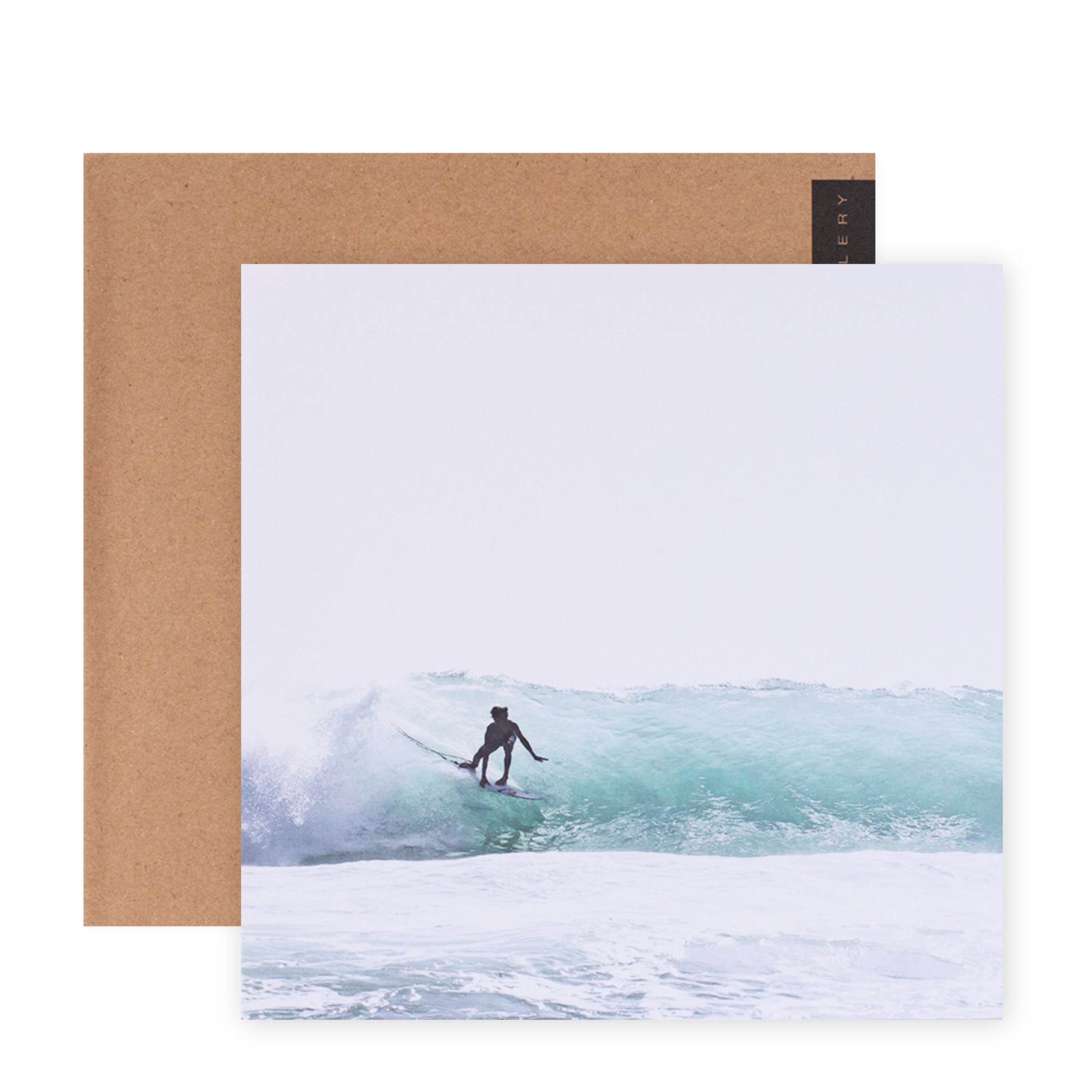 Hallmark x Donna Delaney Gallery Blank Greeting Card - Dreamland with surfer riding a wave, featuring a natural kraft envelope.