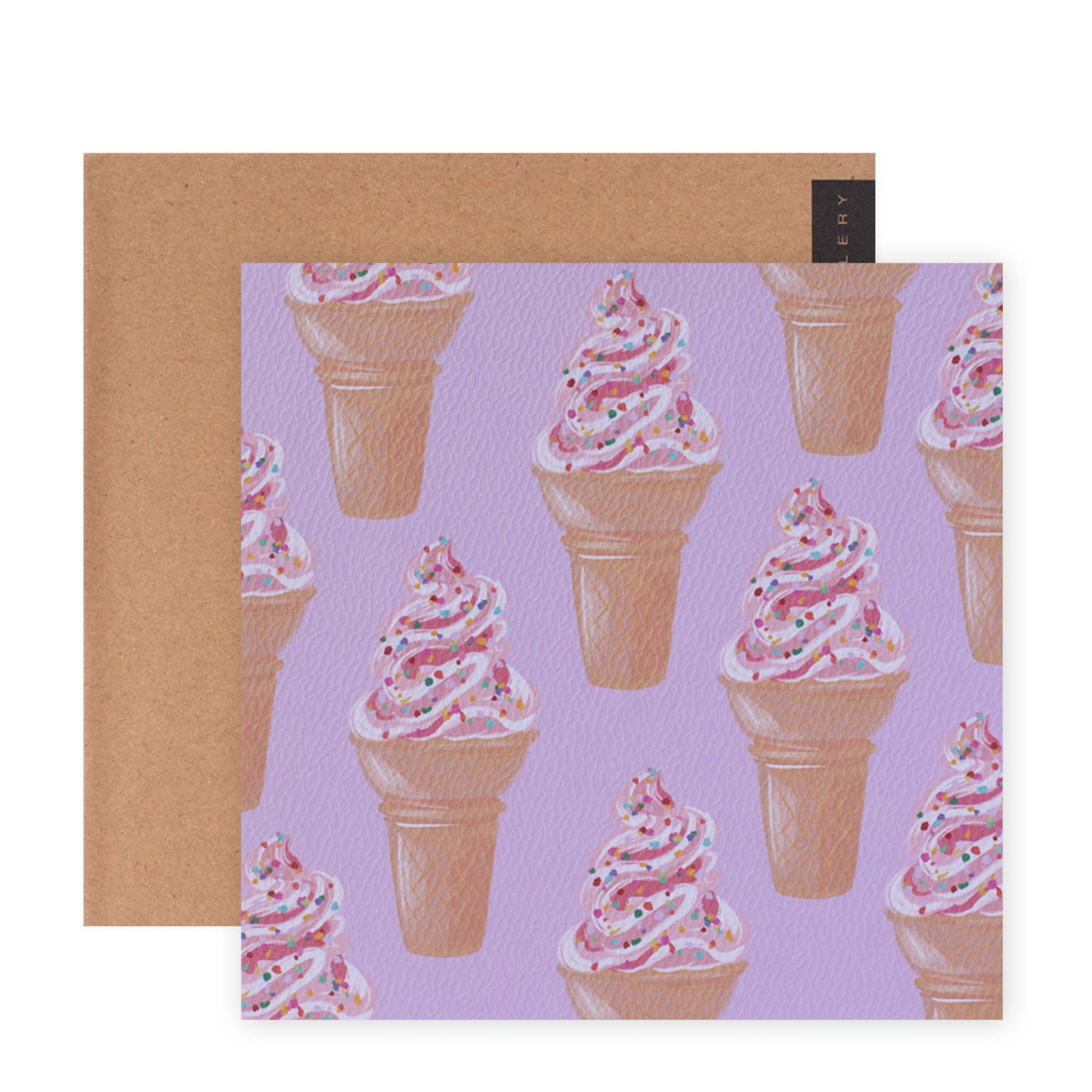 Hallmark x Christie Williams Gallery Blank Greeting Card - Soft Serve & Sprinkles featuring colourful ice cream cones on a lavender background.