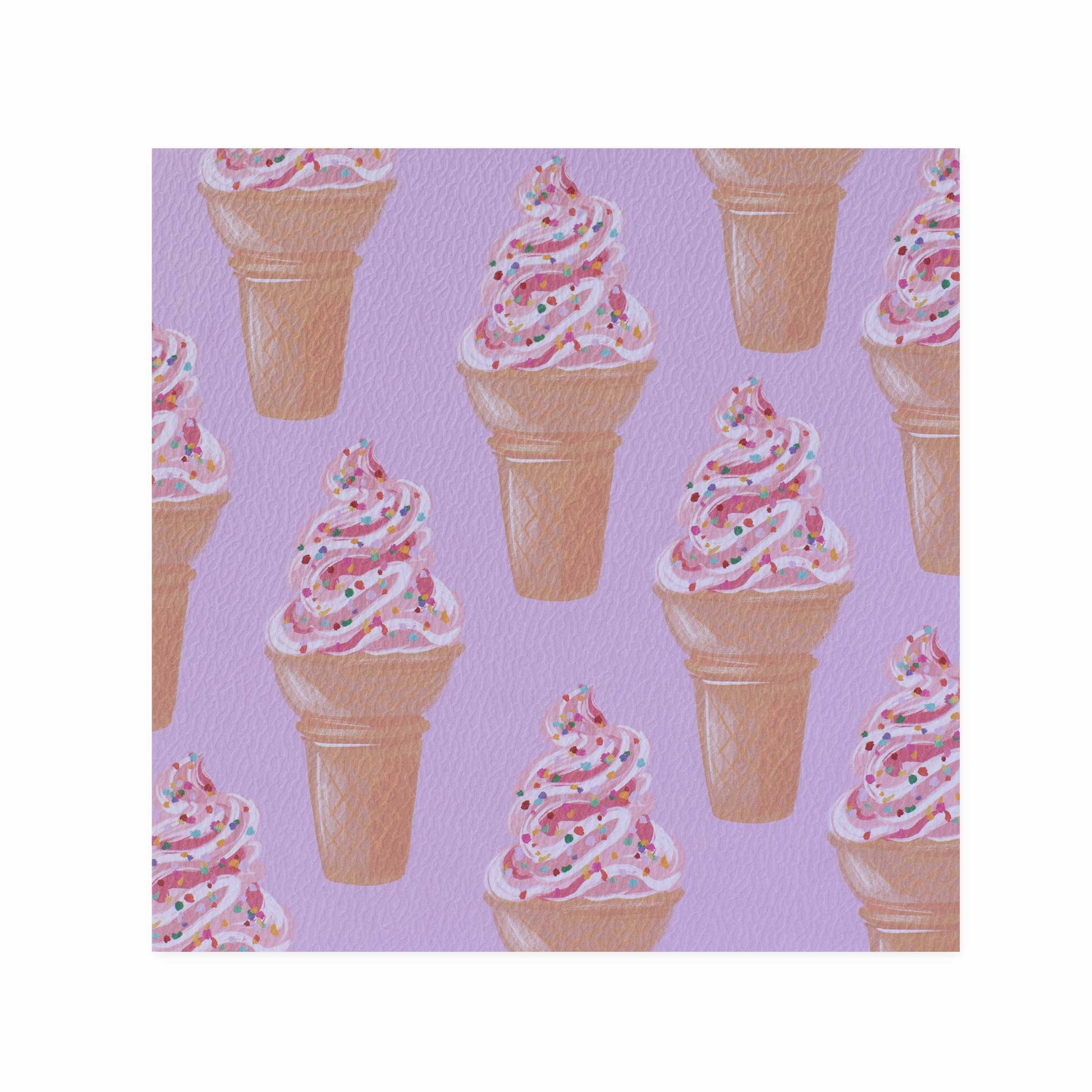 Hallmark x Christie Williams Gallery Blank Greeting Card - Soft Serve & Sprinkles featuring colourful ice cream cones pattern on lavender background.