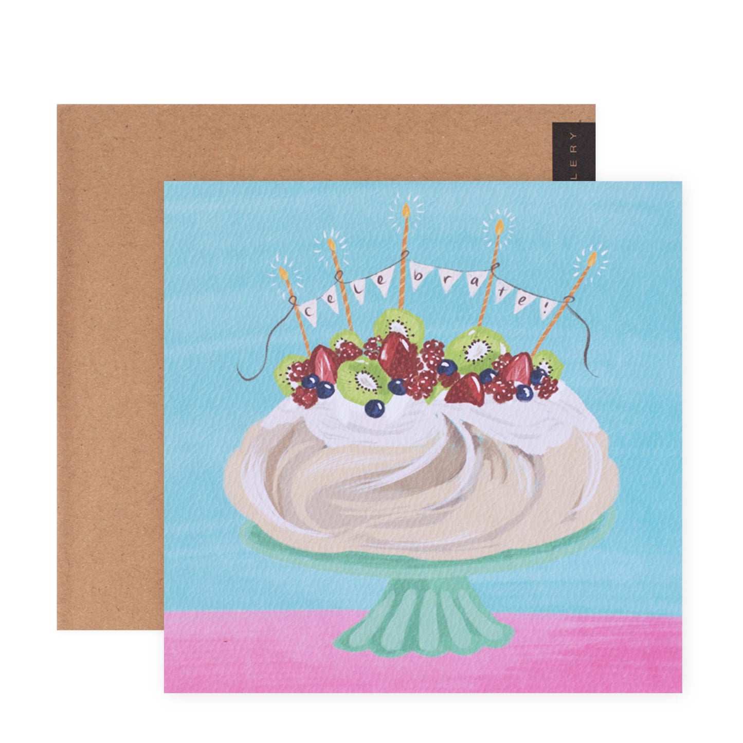 Hallmark x Christie Williams Gallery Blank Greeting Card - Celebrate Pavlova features a colourful illustration of a pavlova with mixed berries, presented in a flat lay view.