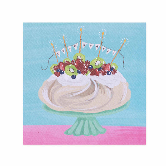 Hallmark x Christie Williams Gallery Blank Greeting Card - Celebrate Pavlova, featuring a colourful illustration of a pavlova with berries, on a pastel background.