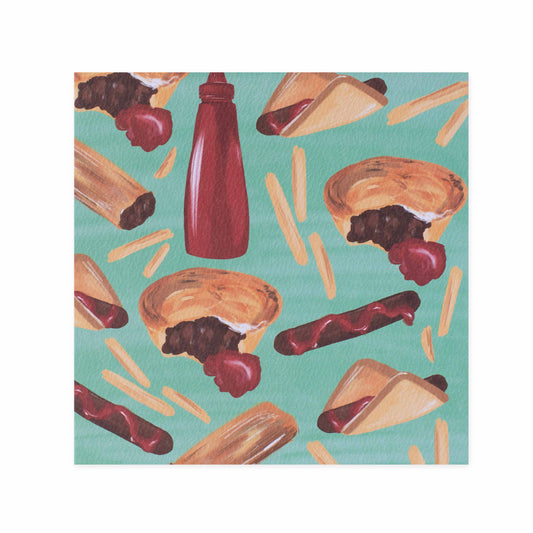 Hallmark x Christie Williams Gallery Blank Greeting Card - Footy Food featuring colourful illustrations of Australian snacks and sauces on a mint background.