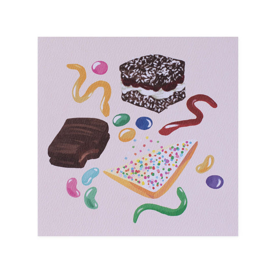 Hallmark x Christie Williams Gallery Blank Greeting Card - Classic Party Favourites featuring colourful illustrations of cakes and lollies in a playful layout.