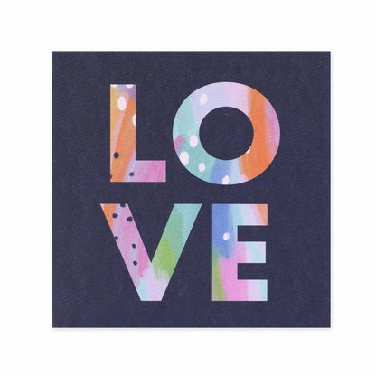 Hallmark x Christie Williams Gallery Blank Greeting Card - Love featuring colourful lettering on dark background in square format.