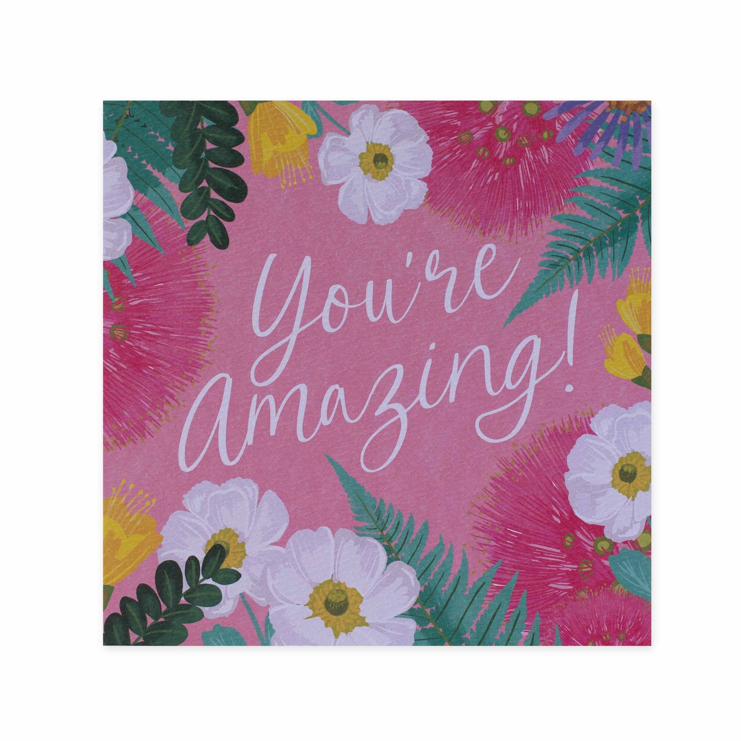Hallmark x Christie Williams Gallery Blank Greeting Card - You're Amazing with vibrant floral illustrations on a pink background, flat lay view.