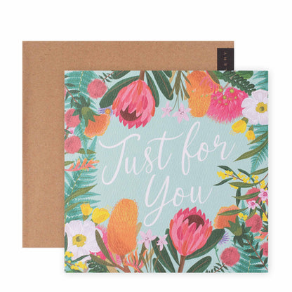 Hallmark x Christie Williams Gallery Blank Greeting Card - Just For You with vibrant floral illustrations in a colourful design, flat lay view.