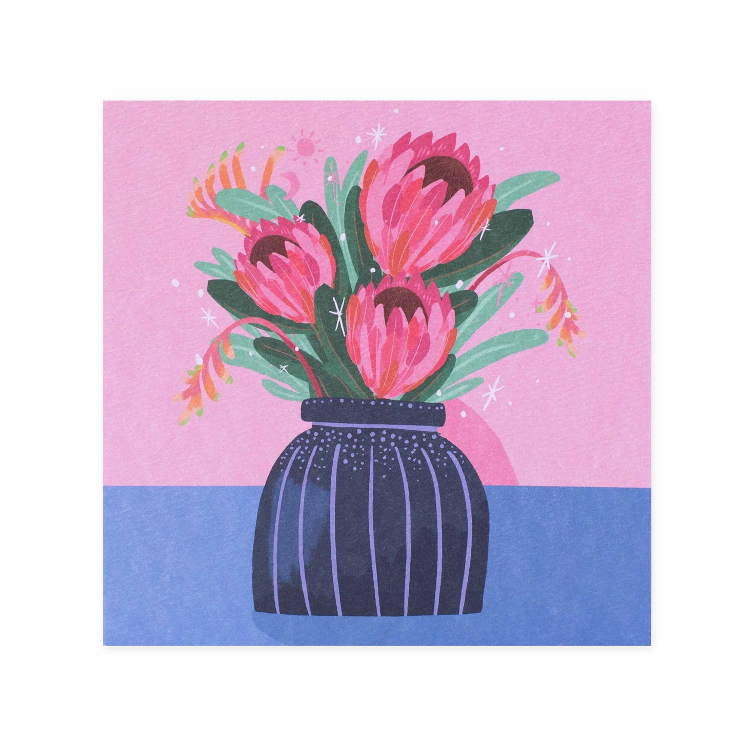 Hallmark x Christie Williams Gallery Blank Greeting Card - Pink Ice Proteas In Vase with vibrant pink flowers in a dark vase on a colourful background.
