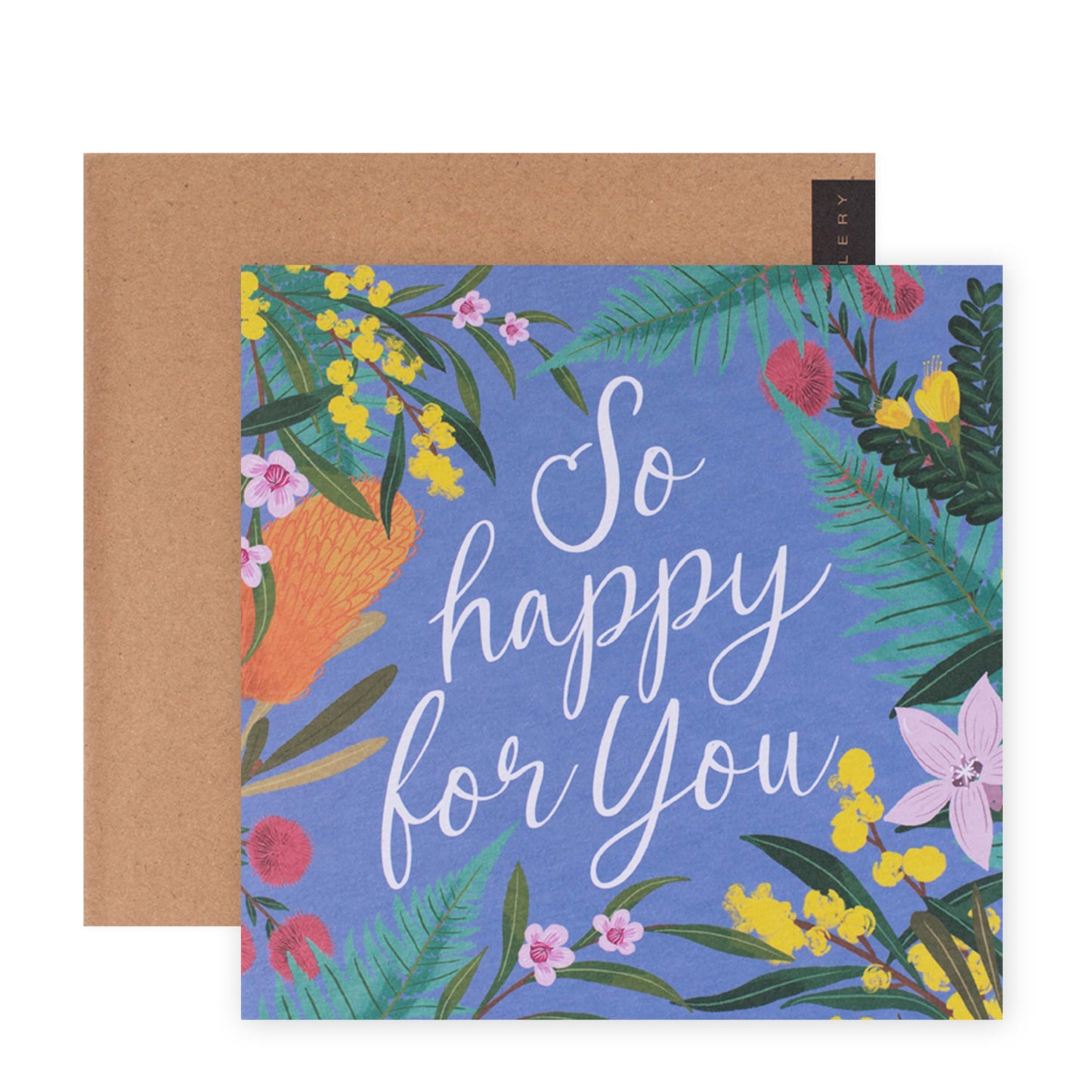 Hallmark x Christie Williams Gallery Blank Greeting Card - So Happy For You, colourful floral design, flat lay view with kraft envelope