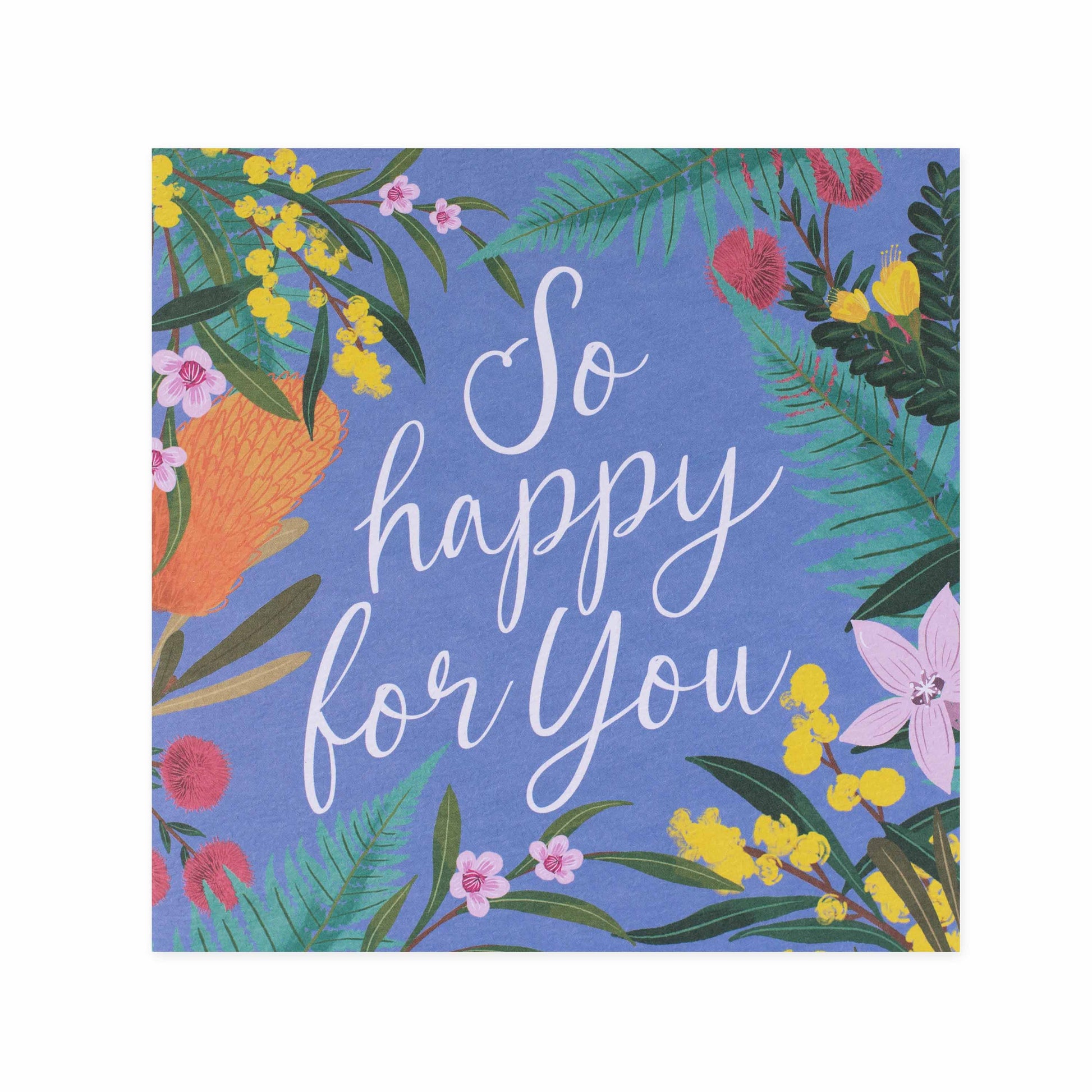Hallmark x Christie Williams Gallery Blank Greeting Card - So Happy For You featuring vibrant floral illustrations on a blue background.