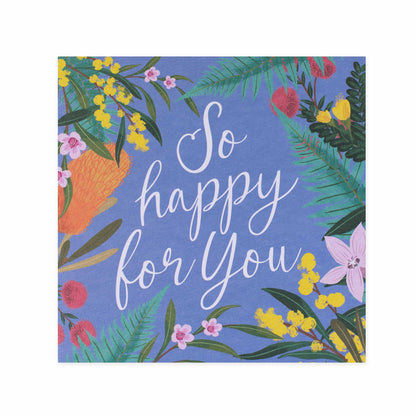 Hallmark x Christie Williams Gallery Blank Greeting Card - So Happy For You featuring vibrant floral illustrations on a blue background.