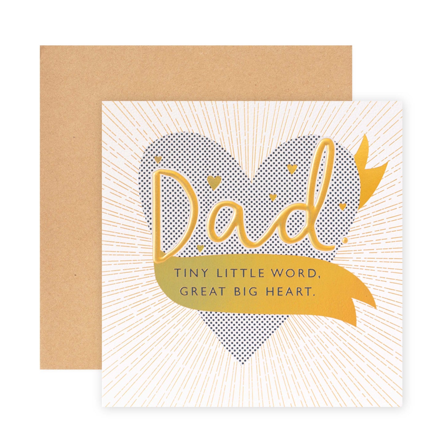 Hallmark Father's Day Card - Great Big Heart features a gold embossed heart with the word “Dad” and a message banner in a flat lay view.