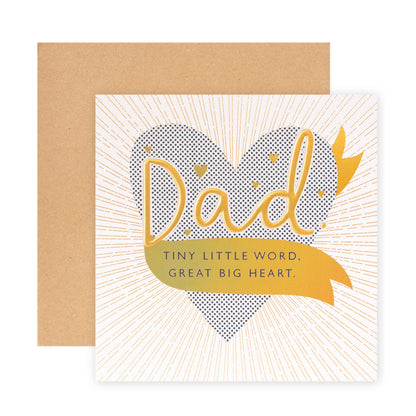 Hallmark Father's Day Card - Great Big Heart features a gold embossed heart with the word “Dad” and a message banner in a flat lay view.