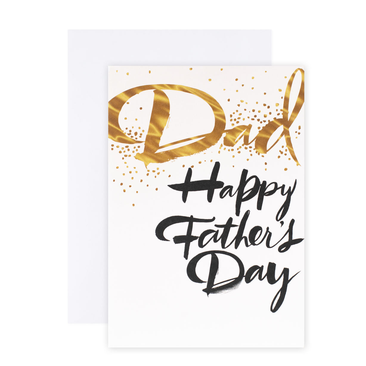 Hallmark Father's Day Card - Black & Gold featuring gold foiled lettering and a coordinating mustard envelope, flat lay view.