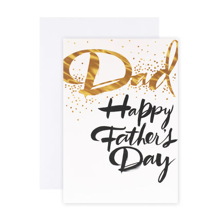Hallmark Father's Day Card - Black & Gold featuring gold foiled lettering and a coordinating mustard envelope, flat lay view.
