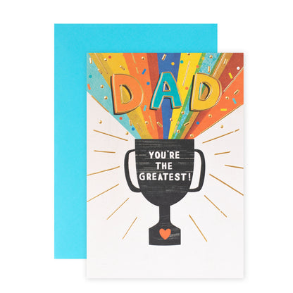 Hallmark Father's Day Card - The Greatest! featuring an illustration of a trophy with vibrant rainbow colours and gold foil highlights.