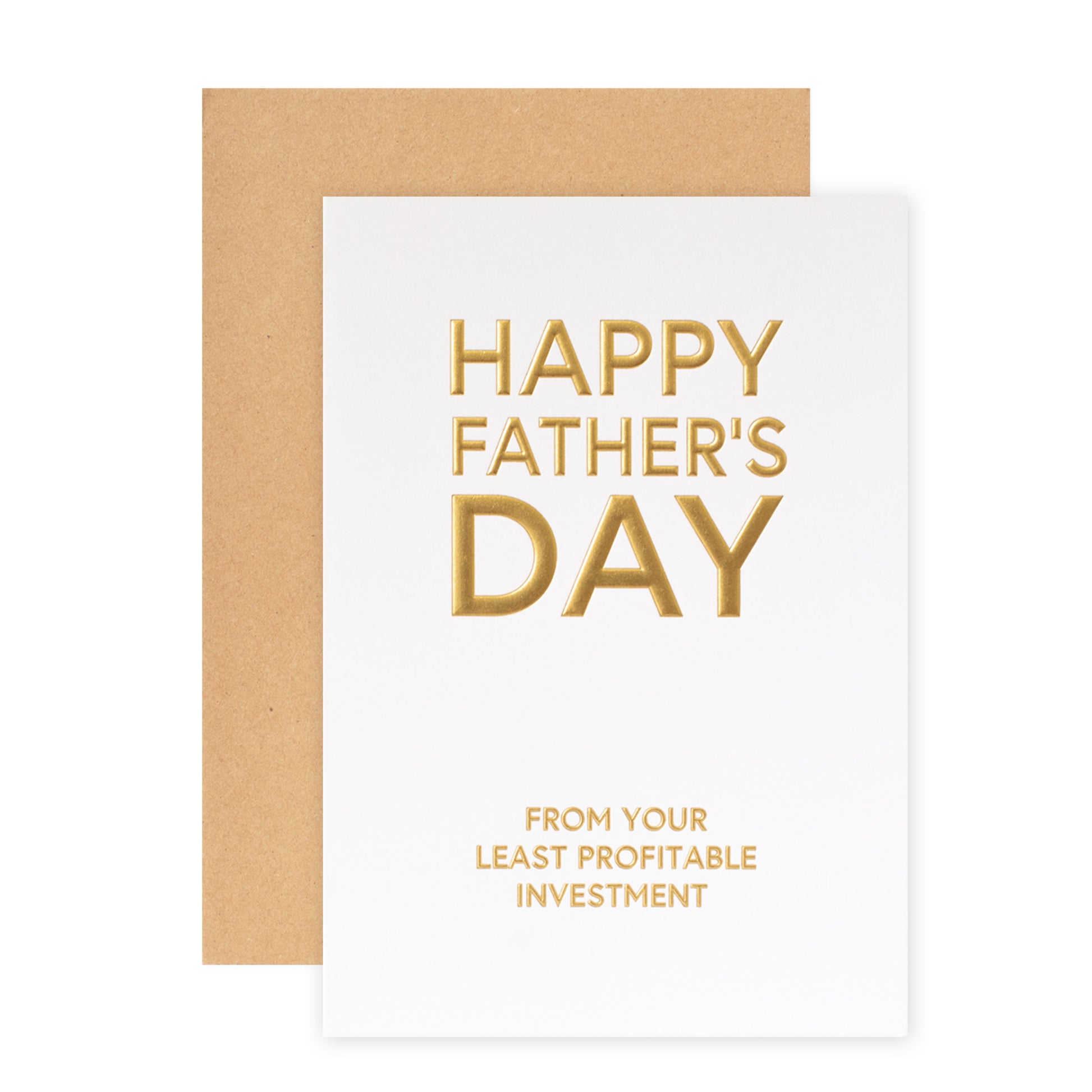 Hallmark Father's Day Card - From Your Least Profitable Investment with gold foil text, featuring kraft envelope, flat lay view.