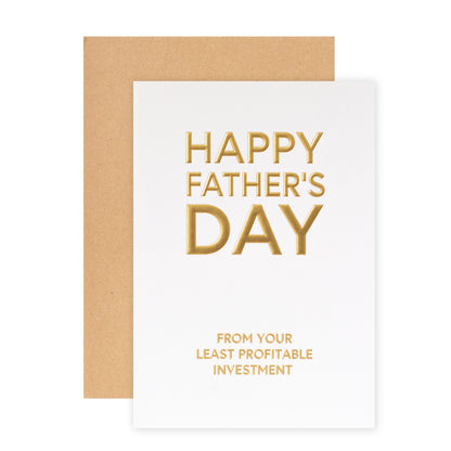 Hallmark Father's Day Card - From Your Least Profitable Investment with gold foil text, featuring kraft envelope, flat lay view.