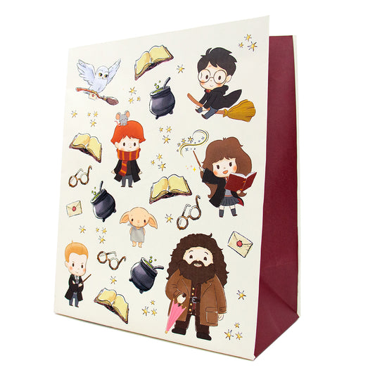Harry Potter™ Large Gift Bag featuring iconic characters, colourful designs, and a maroon base, ideal for celebrations.